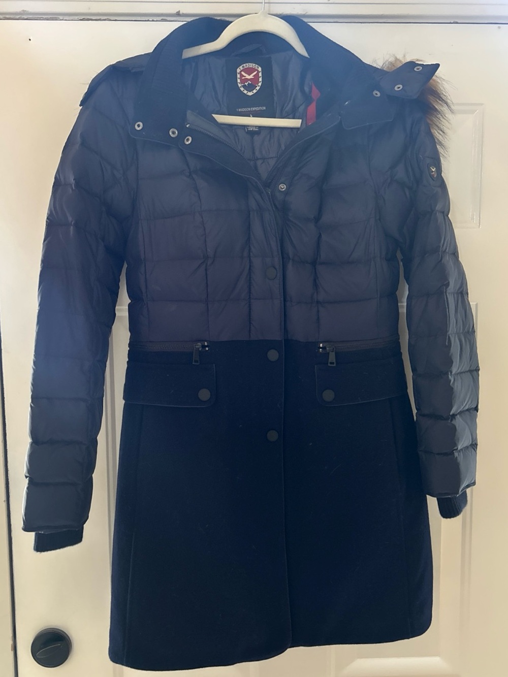 Madison Navy Quilted Hybrid Puffer Coat with Faux Fur Trim